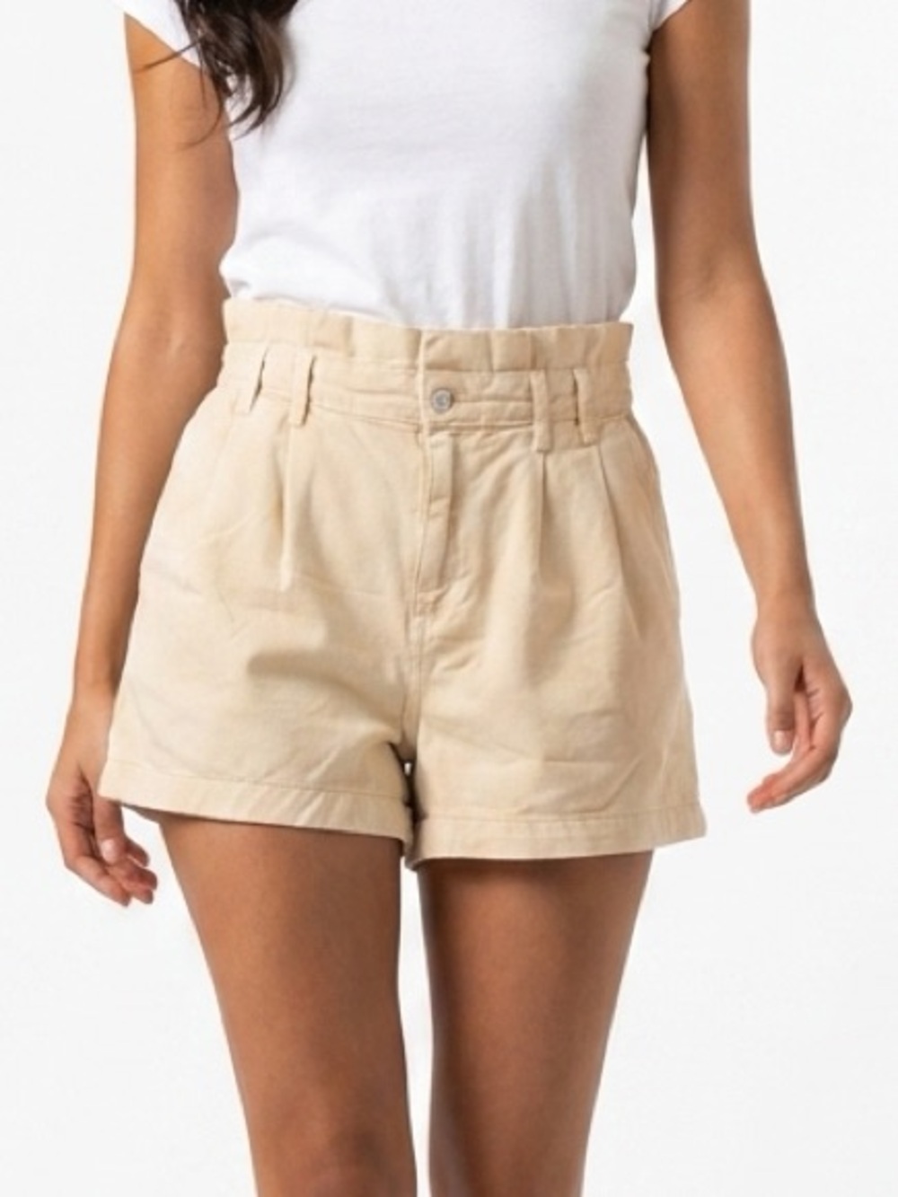Zara Womens High Waisted Paperbag Denim Shorts Beige Pleated Size 10 2105119